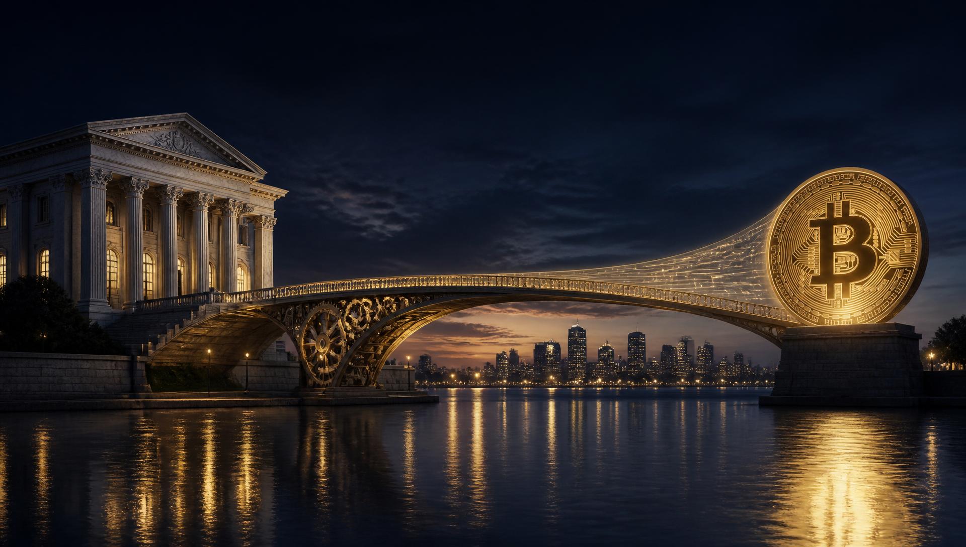 A bridge at dusk, the passage from traditional finance to open, sound-money rails.